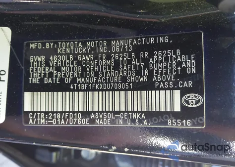 2013 Toyota Camry Le z USA, uszkodzony, nr VIN 4T1BF1FKXDU709051